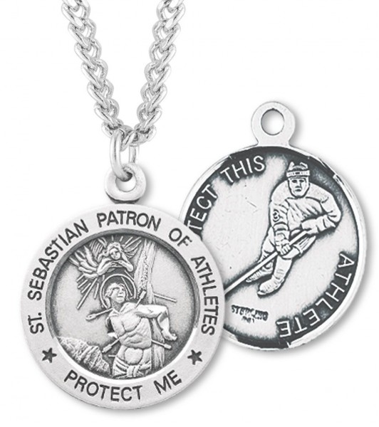 Round Men's St. Sebastian Ice Hockey Necklace With Chain - 24&quot; 3mm Stainless Steel Endless Chain