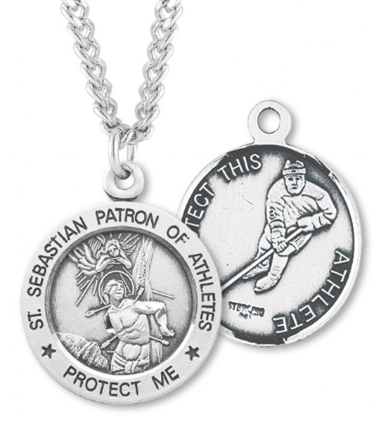 Round Men's St. Sebastian Ice Hockey Necklace With Chain - 24&quot; Sterling Silver Chain + Clasp