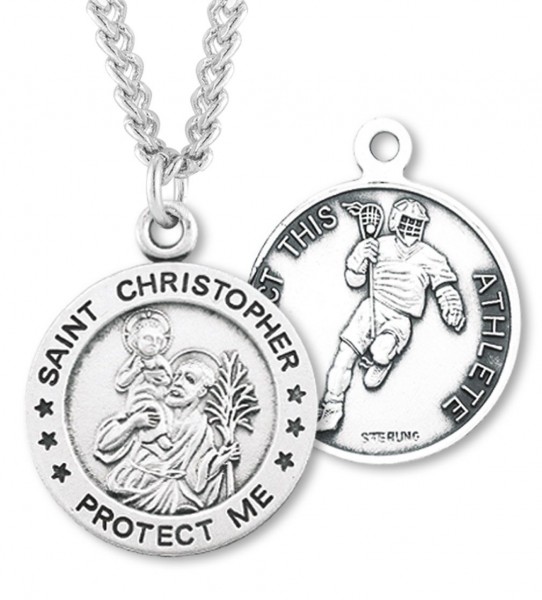 Round Boy's St. Sebastian Lacrosse Necklace With Chain - 24&quot; 3mm Stainless Steel Chain + Clasp