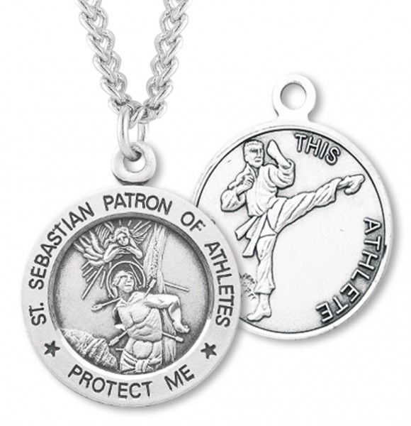 Round Boy's St. Sebastian Martial Arts Necklace With Chain - 24&quot; 3mm Stainless Steel Endless Chain