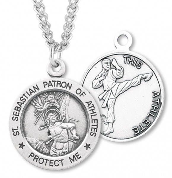 Round Boy's St. Sebastian Martial Arts Necklace With Chain - 24&quot; 3mm Stainless Steel Chain + Clasp