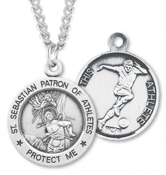Round Men's St. Sebastian Soccer Necklace With Chain - 24&quot; 3mm Stainless Steel Endless Chain