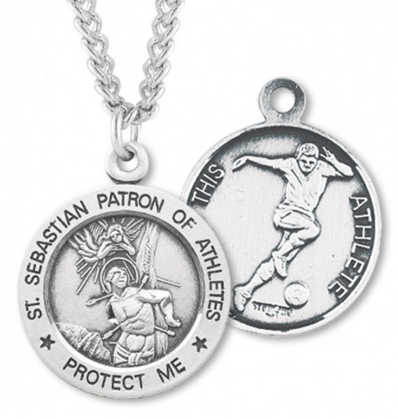 Round Men's St. Sebastian Soccer Necklace With Chain - 24&quot; 3mm Stainless Steel Chain + Clasp