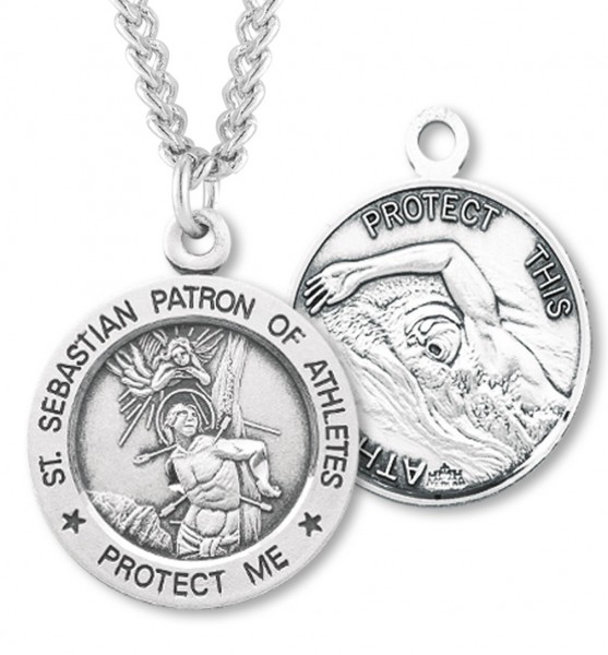 Round Men's St. Sebastian Swimming Necklace With Chain - 24&quot; 3mm Stainless Steel Endless Chain