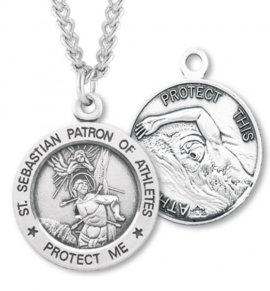 Round Men's St. Sebastian Swimming Necklace With Chain - 24&quot; 3mm Stainless Steel Chain + Clasp