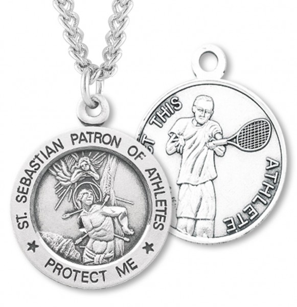 Round Men's St. Sebastian Tennis Necklace With Chain - 24&quot; 3mm Stainless Steel Endless Chain