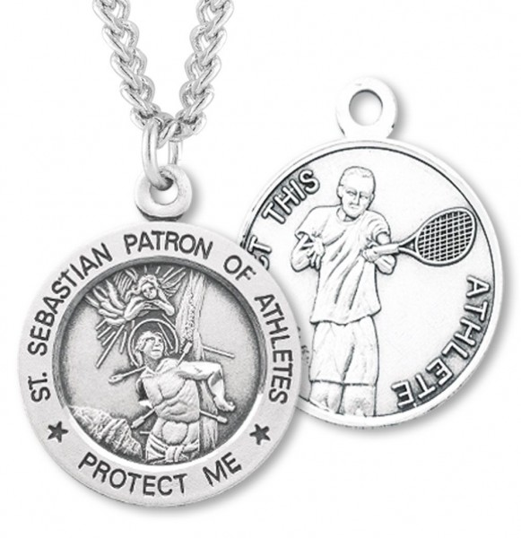 Round Men's St. Sebastian Tennis Necklace With Chain - 24&quot; 3mm Stainless Steel Chain + Clasp