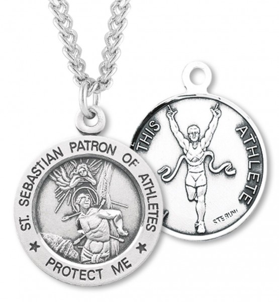 Round Boy's St. Sebastian Track Necklace With Chain - 24&quot; 3mm Stainless Steel Chain + Clasp