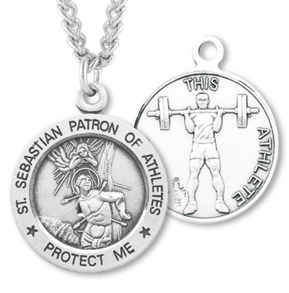 Round Boy's St. Sebastian Weight Lifting Necklace With Chain - 24&quot; 3mm Stainless Steel Endless Chain