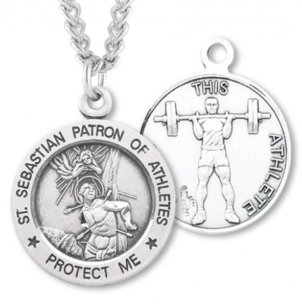 Round Boy's St. Sebastian Weight Lifting Necklace With Chain - 24&quot; 3mm Stainless Steel Chain + Clasp