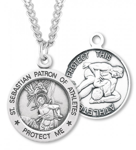 Round Men's St. Sebastian Wrestling Necklace With Chain - 24&quot; 3mm Stainless Steel Endless Chain