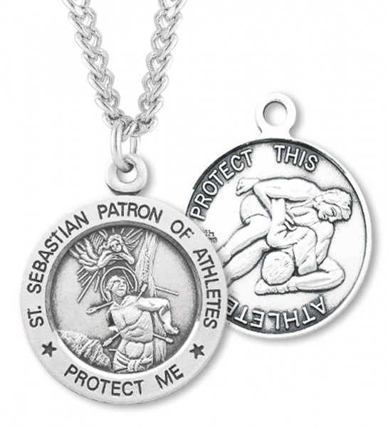Round Men's St. Sebastian Wrestling Necklace With Chain - 24&quot; 3mm Stainless Steel Chain + Clasp