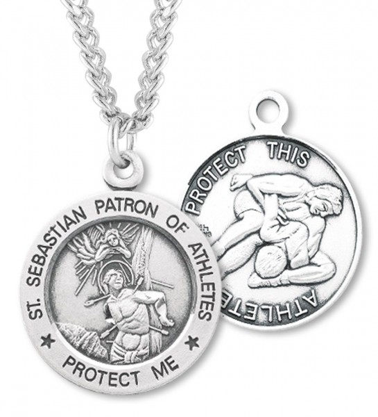 Round Men's St. Sebastian Wrestling Necklace With Chain - 24&quot; Sterling Silver Chain + Clasp