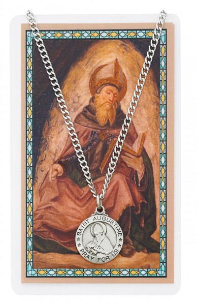 Round St. Augustine  Medal and Prayer Card Set - Silver-tone