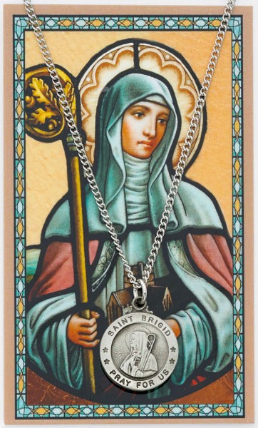Round St. Brigid of Ireland Medal and Prayer Card Set - Silver-tone