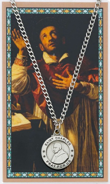 Round St. Charles Borromeo Medal and Prayer Card Set - Silver-tone