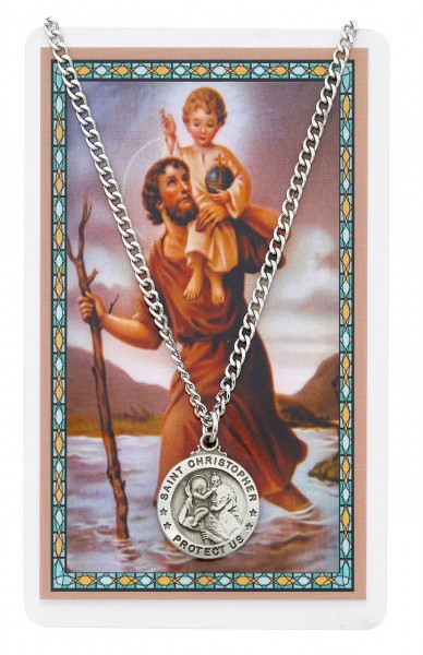 Round St. Christopher Medal and Prayer Card Set - Silver-tone