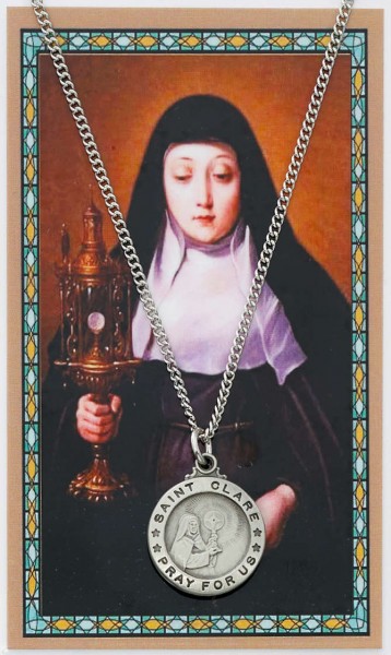 Round St. Clare Medal and Prayer Card Set - Silver-tone