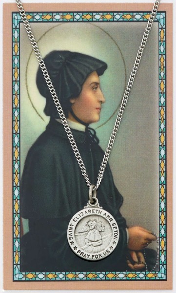 Round St. Elizabeth Ann Seton Medal and Prayer Card Set - Silver-tone