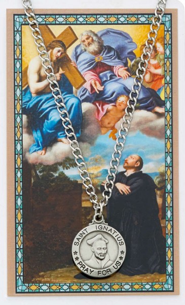 Round St. Ignatius of Loyola Medal and Prayer Card Set - Silver-tone