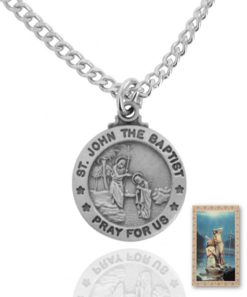 Round St. John The Baptist Medal and Prayer Card Set - Pewter