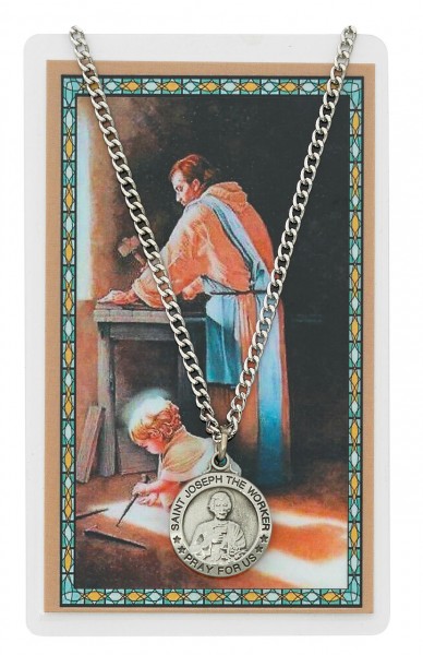 Round St. Joseph The Worker Medal and Prayer Card - Silver-tone