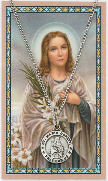 Round St. Maria Goretti Medal and Prayer Card Set - Silver-tone