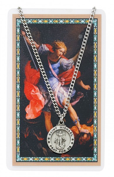 Round St. Michael The Archangel Medal and Prayer Card Set - Silver-tone