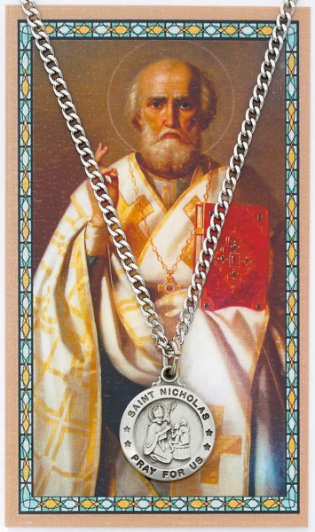 Round St. Nicholas Medal and Prayer Card Set - Silver-tone