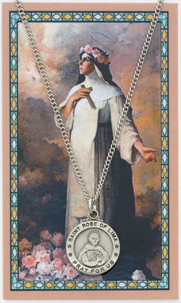 Round St. Rose of Lima Medal and Prayer Card Set - Silver-tone