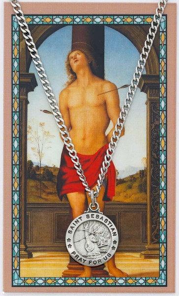 Round St. Sebastian Medal wtih Prayer Card - Silver-tone