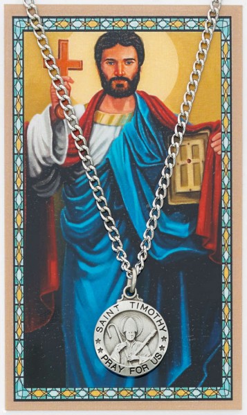 Round St. Timothy Medal and Prayer Card Set - Silver-tone