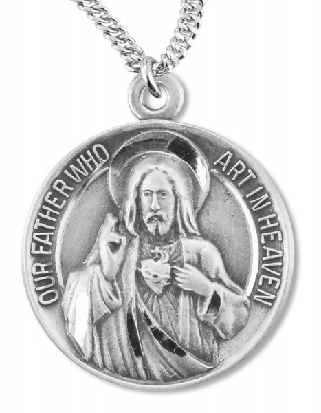 Sacred Heart of Jesus &amp; Blessed Mary Medal Sterling Silver - 24&quot; 3mm Stainless Steel Endless Chain