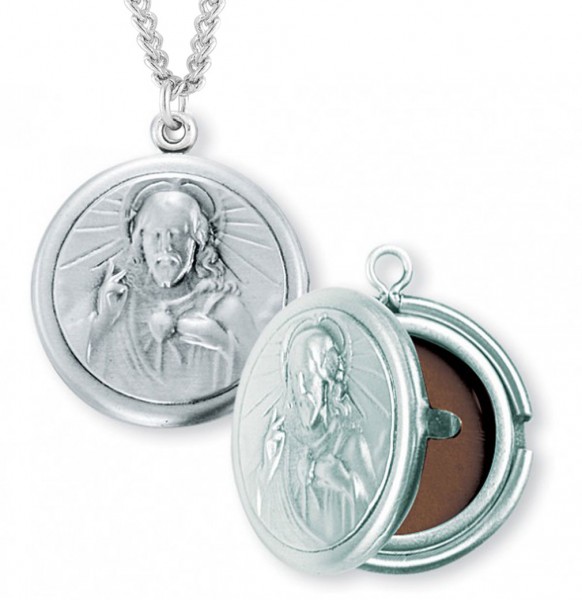 Sacred Heart of Jesus Locket Necklace, Sterling Silver with Chain - 24&quot; 2.4mm Rhodium Plate Endless Chain