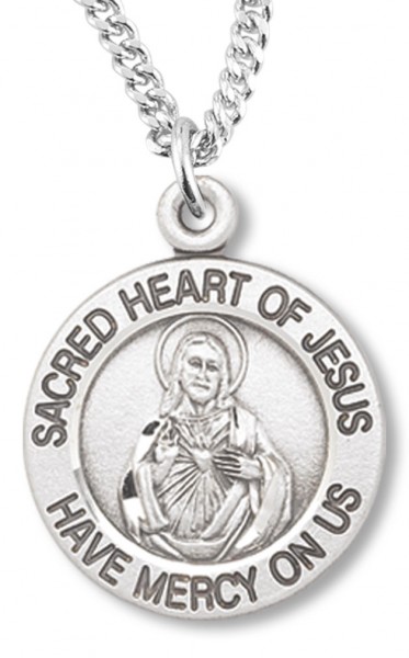 Womens Sacred Heart of Jesus Necklace Round, Sterling Silver with Chain Options - 18&quot; 1.8mm Sterling Silver Chain + Clasp