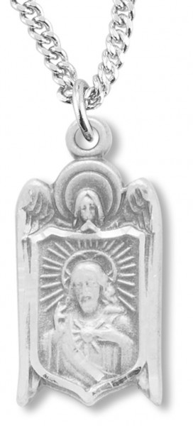 Sacred Heart of Jesus with Angel Necklace, Sterling Silver with Chain - 18&quot; 1.8mm Sterling Silver Chain + Clasp