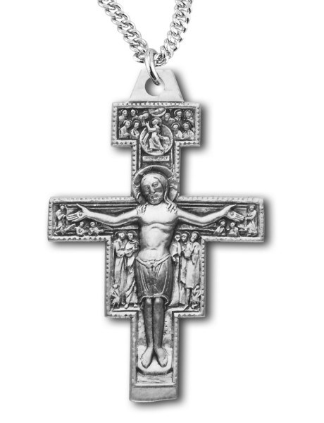 San Damiano Crucifix Pendant Sterling Silver - 18&quot; 2.1mm Rhodium Plate Chain + Clasp
