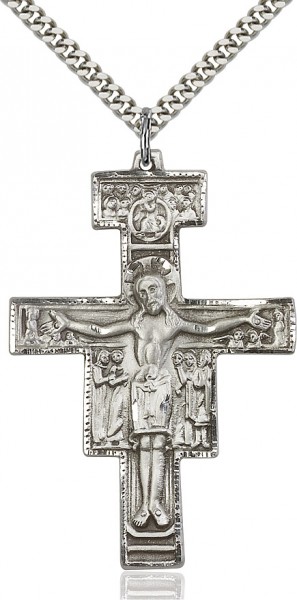 Large Sterling Silver San Damiano Crucifix Pendant - 27&quot; 2.4mm Rhodium Plated Endless Chain