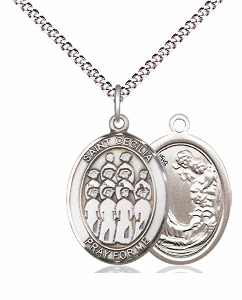Small Pewter Oval St. Cecilia Choir Medal - 18&quot; Rhodium Plated Medium Chain + Clasp