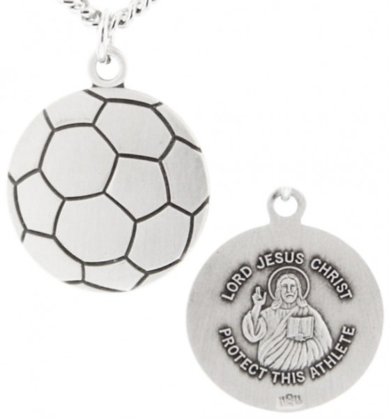 Soccer Ball Shape Necklace with Jesus Figure Back in Sterling Silver - 24&quot; 3mm Stainless Steel Chain + Clasp