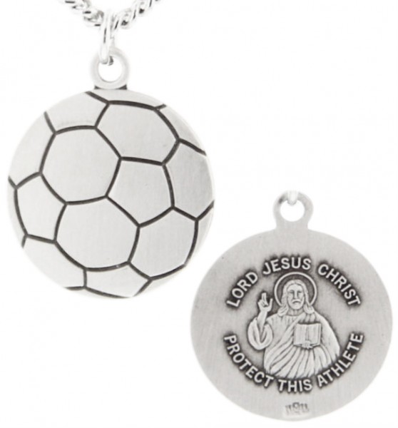 Soccer Ball Shape Necklace with Jesus Figure Back in Sterling Silver - 24&quot; Sterling Silver Chain + Clasp