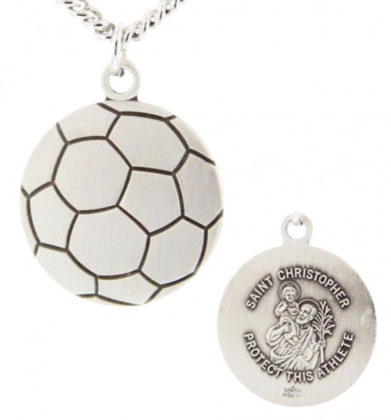 Soccer Ball Shaped Necklace with Saint Christopher Back in  Sterling Silver - 24&quot; 3mm Stainless Steel Chain + Clasp