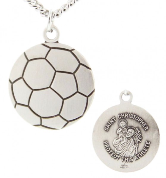 Soccer Ball Shaped Necklace with Saint Christopher Back in  Sterling Silver - 20&quot; 2.25mm Rhodium Plated Chain with Clasp