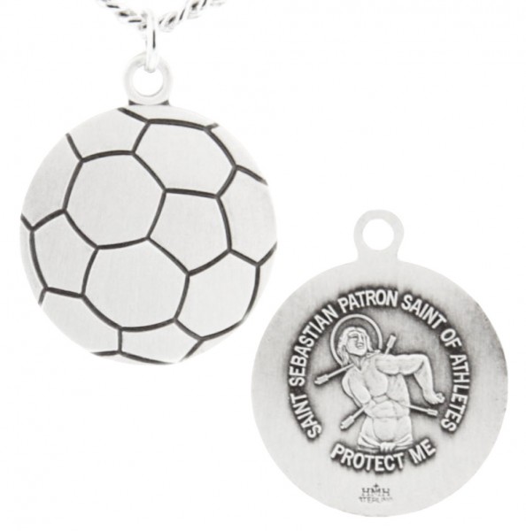 Soccer Ball Shaped Necklace with Saint Sebastian Back in  Sterling Silver - 24&quot; 2.4mm Rhodium Plate Endless Chain