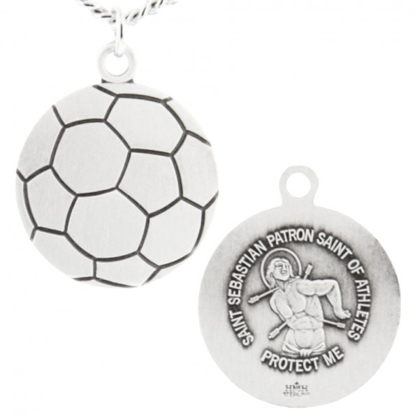 Soccer Ball Shaped Necklace with Saint Sebastian Back in  Sterling Silver - 24&quot; 3mm Stainless Steel Chain + Clasp