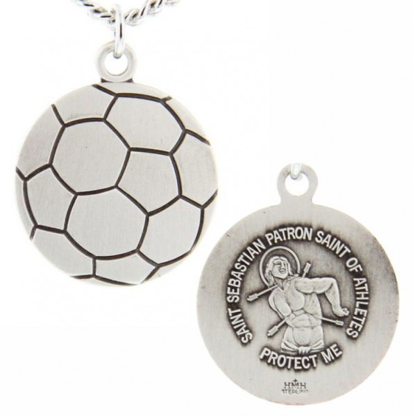 Soccer Ball Shaped Necklace with Saint Sebastian Back in  Sterling Silver - 20&quot; 2.2mm Stainless Steel Chain with Clasp