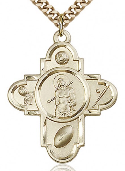 Sports 5 Way Cross St Sebastian Medal, Gold Filled - 24&quot; 2.4mm Gold Plated Endless Chain