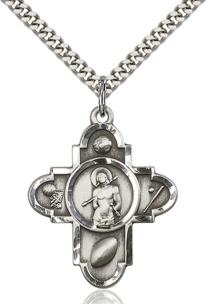Sports 5 Way Cross St Sebastian Medal, Sterling Silver - 24&quot; 2.2mm Sterling Silver Chain + Clasp