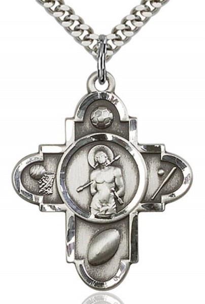 Sports 5 Way Cross St Sebastian Medal, Sterling Silver - 24&quot; 2.4mm Rhodium Plate Chain + Clasp