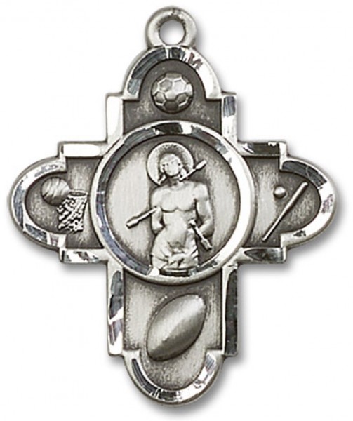 Sports 5 Way Cross St Sebastian Medal, Sterling Silver - No Chain
